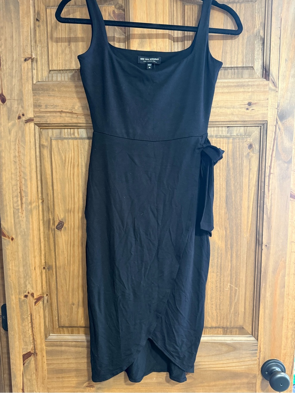 See You Monday Los Angeles Black Square-Neck Wrap Midi Dress with tie